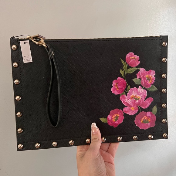 NWT Black floral white house black market clutch wristlet